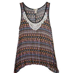 Lavish Plus Womens Size XL Tank Top Geometric Print w Lace Front Aplication READ